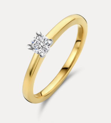 14 KARAAT GEEL- MET WITGOUDEN SOLITAIR RING MET DAARIN 1 BRILJANT VAN 0.32 CARAAT MODEL QUATTRO. Model Quattro heeft vier vierkante zetpoten om de briljant geslepen diamant vast te houden. De ring is te dragen naast andere ringen en sluit daarbij perfect aan. De zetting is midden hoog. Quattro ring is uit te breiden met hanger en oorsieraden om de perfecte set te combineren.